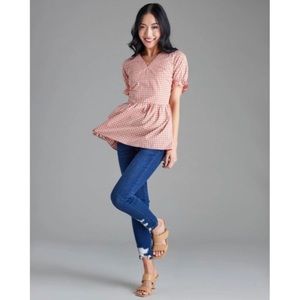 Downeast Peach Gingham Peplum Top- NWT